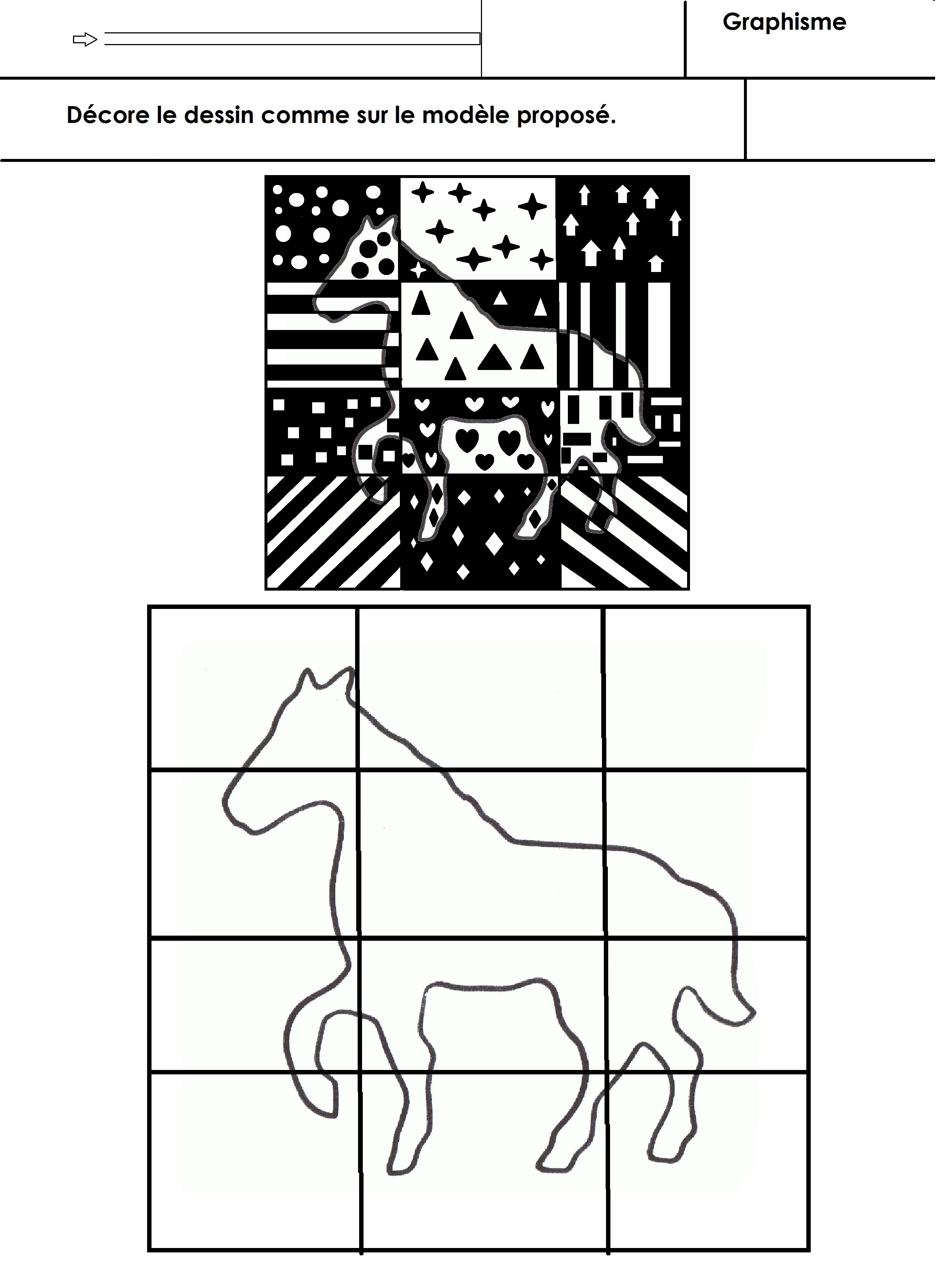 cheval graphisme en noir et blanc école maternelle Gellow