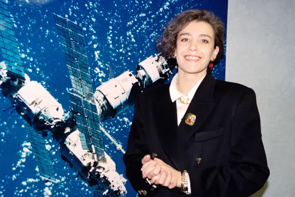 Haignere poses on Oct. 27, 1992, after being chosen by the CNES (National Centre for Space Studies) to take part in the Franco-Soviet mission aboard the Mir space station. Getty Images