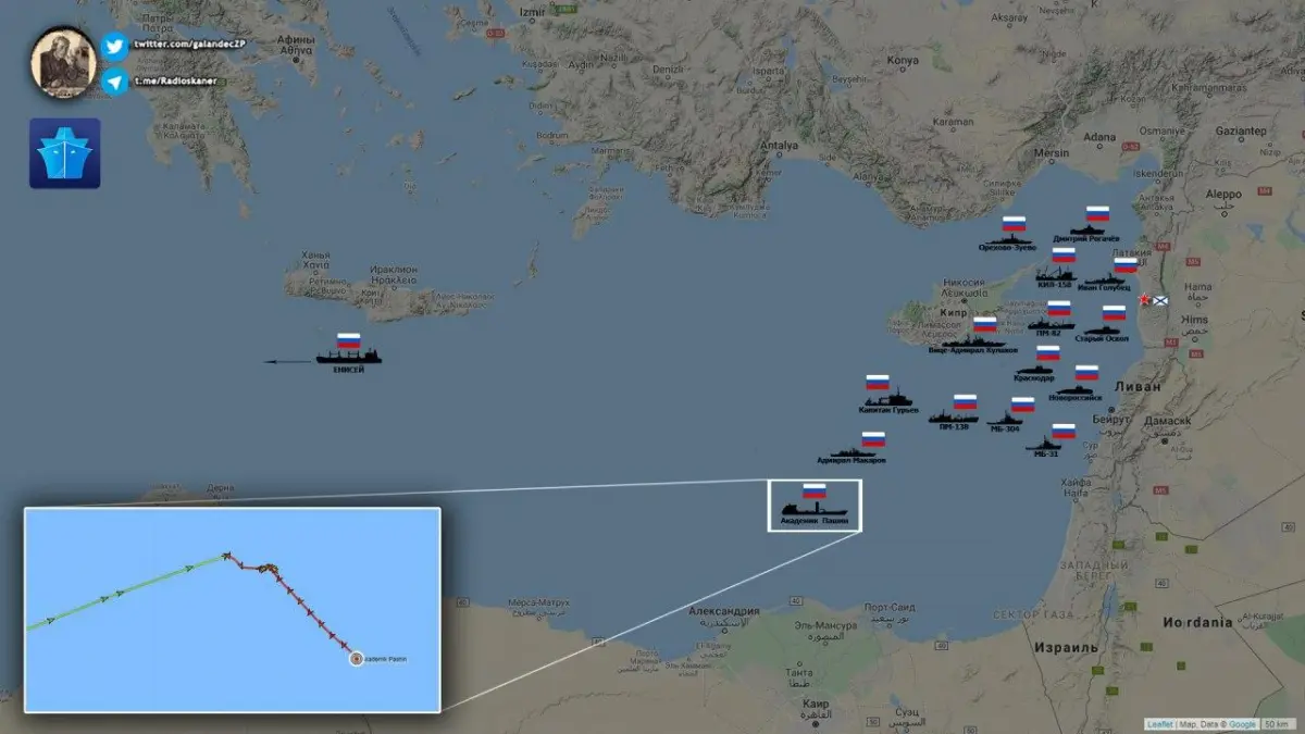 Photo de suivi maritime montrant 15 navires russes au large des côtes de la Syrie et de Chypre en Méditerranée orientale. 