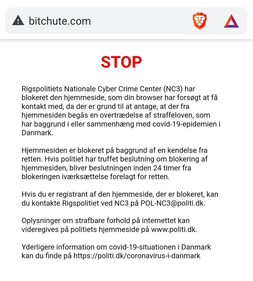  Des Fournisseurs d'Accès Internet danois ont temporairement bloqué l'accès à BitChute pour cause de &quot;désinformation sur le coronavirus&quot; (Reclaim The Net)