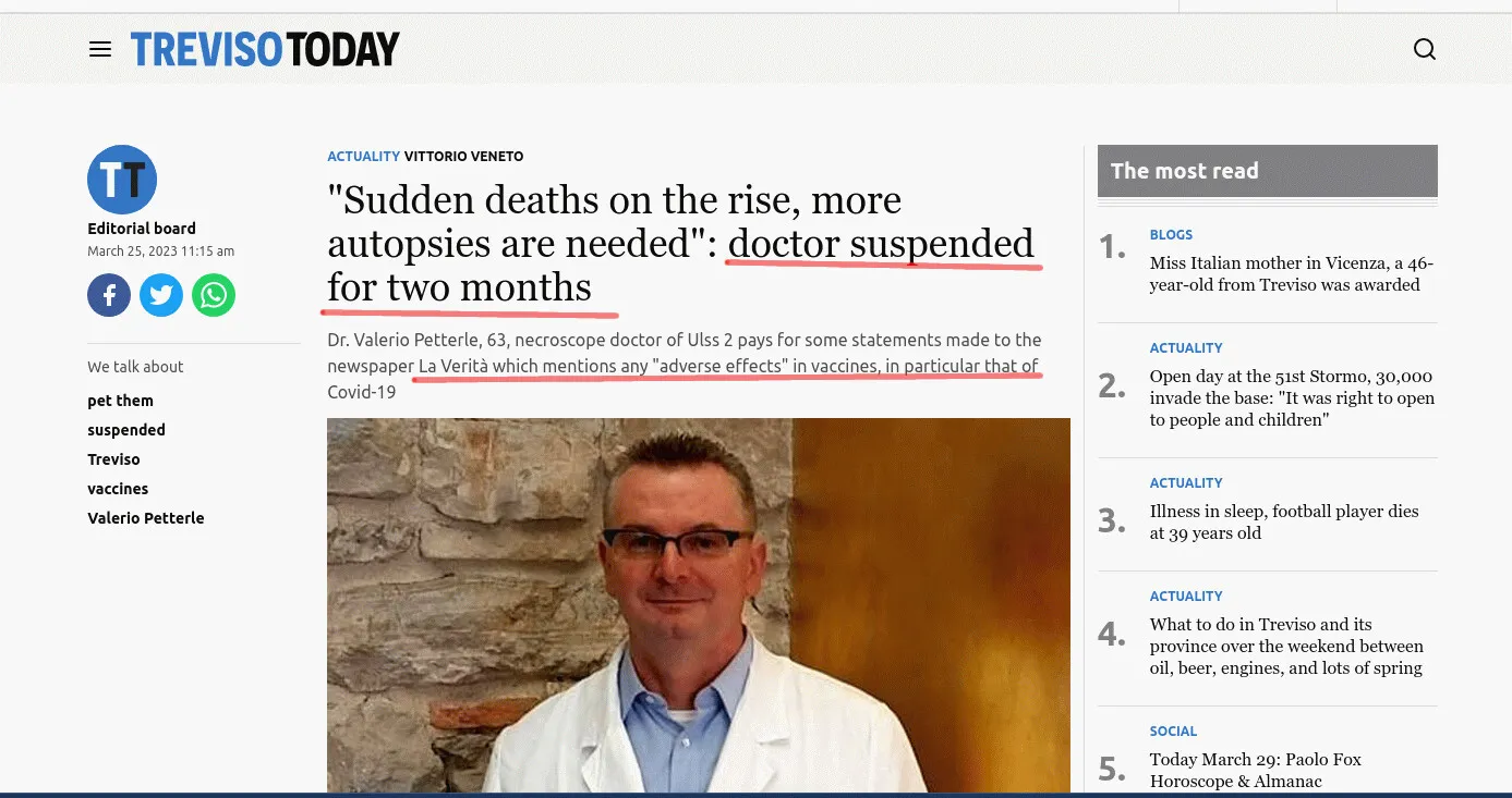 Un médecin italien suspendu pour avoir suggéré des autopsies en cas de mort subite (Substack)