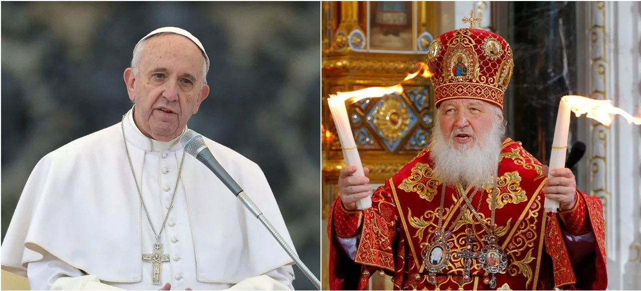 Le pape François, à gauche (chef de l'Eglise catholique) et le patriarche de Moscou (à droite), chef de l'Eglise orthodoxe.