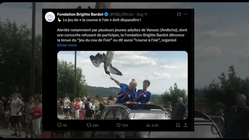 Capture d'écran du poste de la Fondation Brigitte Bardot sur X le 11 août 2025, plaidant pour la fin du jeu du "cou de l'oie" à Vanosc (Ardèche). - Fondation Brigitte Bardot - X