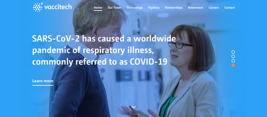 La página web de Vaccitech muestra a sus cofundadores Adrian Hill y Sarah Gilbert. Obtenido desde vaccitech.co.uk