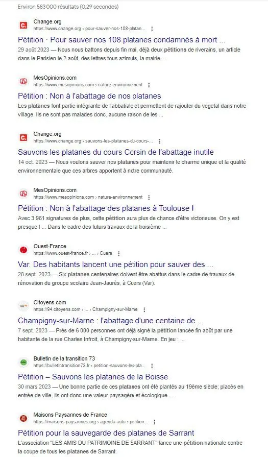 Liste de résultats Google sur des pétitions pour sauver des platanes.