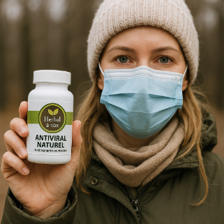 Femme masquée en plein air tenant un complément antiviral naturel à base d’Andrographis paniculata.
