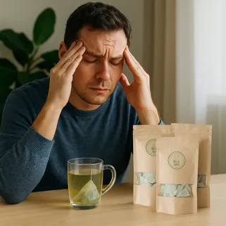 Homme avec un mal de tête, buvant une infusion pour soulager le stress et l'anxiété.