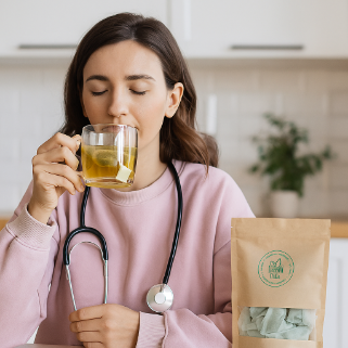 Jeune femme en pull rose et stéthoscope, les yeux fermés, savourant une infusion.