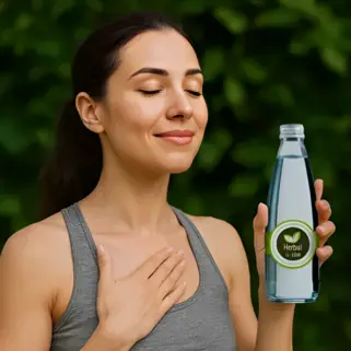 Frau hält Flasche, lächelt, graues Tanktop, grünes Etikett, Naturhintergrund.