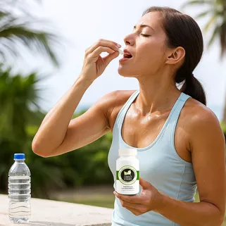 Femme sportive prenant une gélule d’Armoise Annuelle Pure 100% après effort pour bien-être naturel.