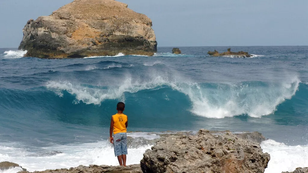 Un jeune regarde les vagues s'écraser le long des côtes de Pointe-des-Chateaux alors que la tempête tropicale Erika s'approche de l'île de Guadeloupe